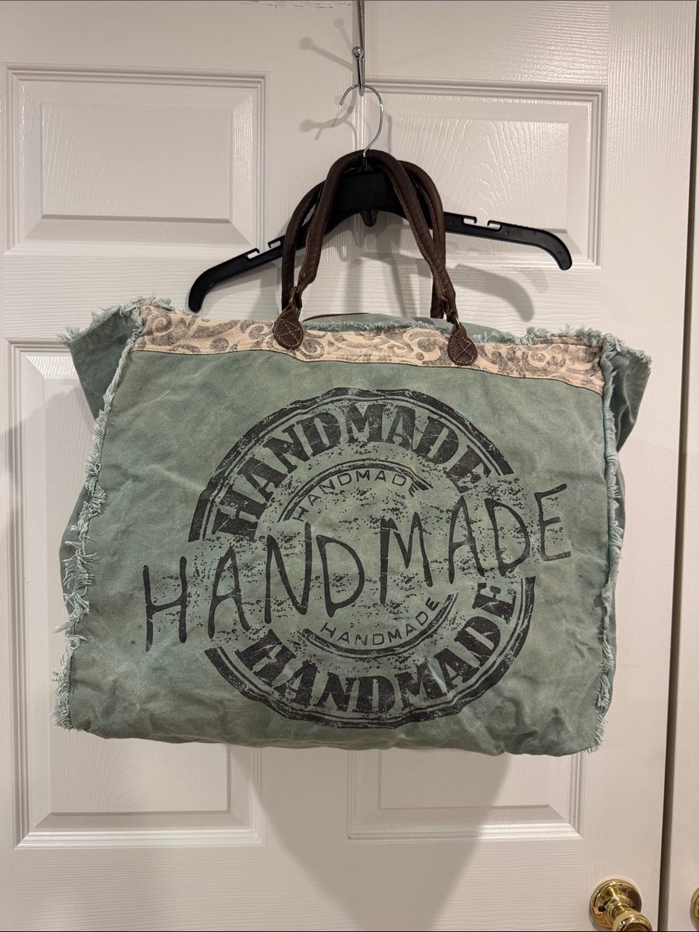 Myra Bag Green Canvas 'Handmade' Tote with Brown Handles